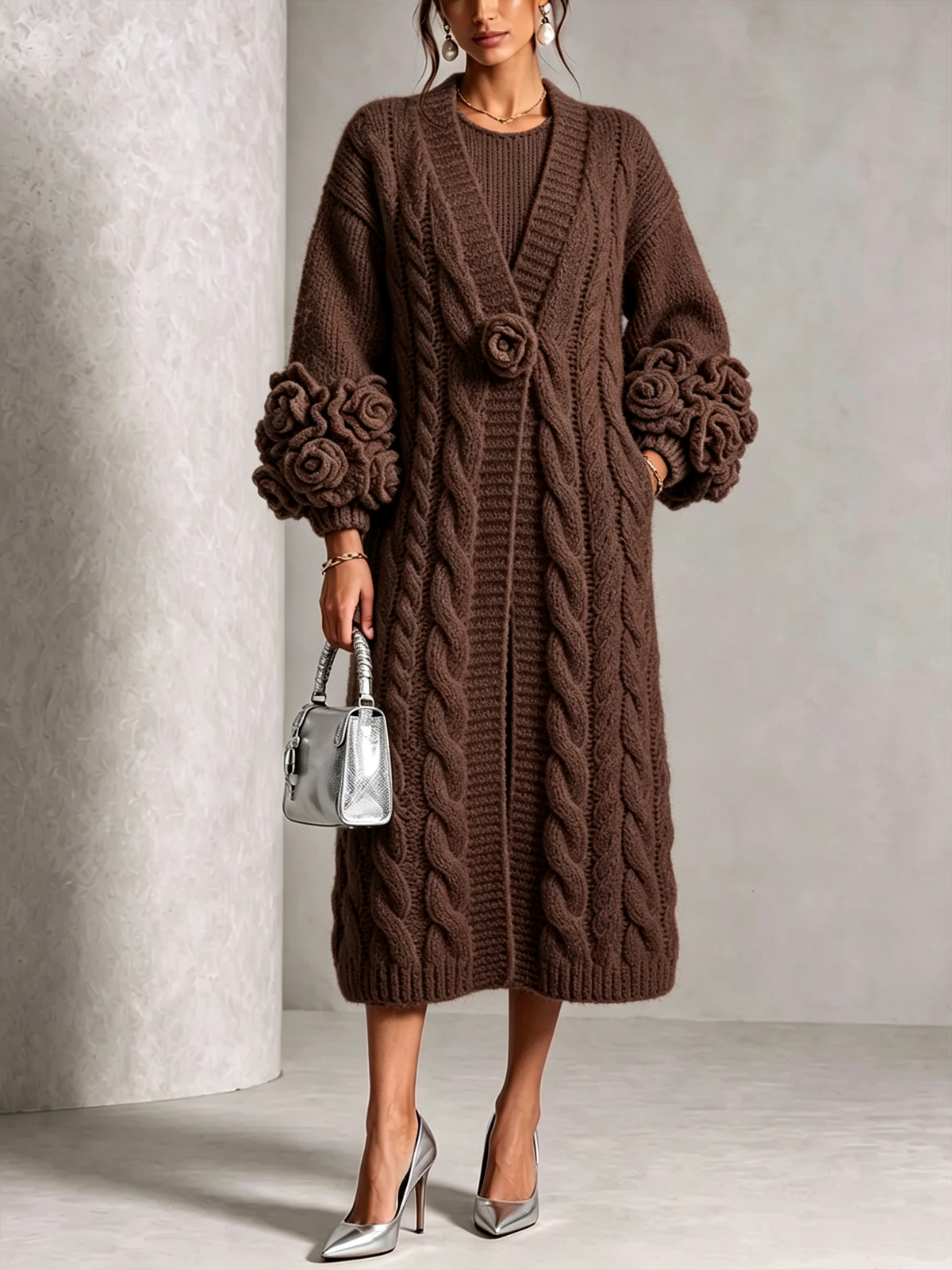 Floral-Sleeve Cable-Knit Long Cardigan