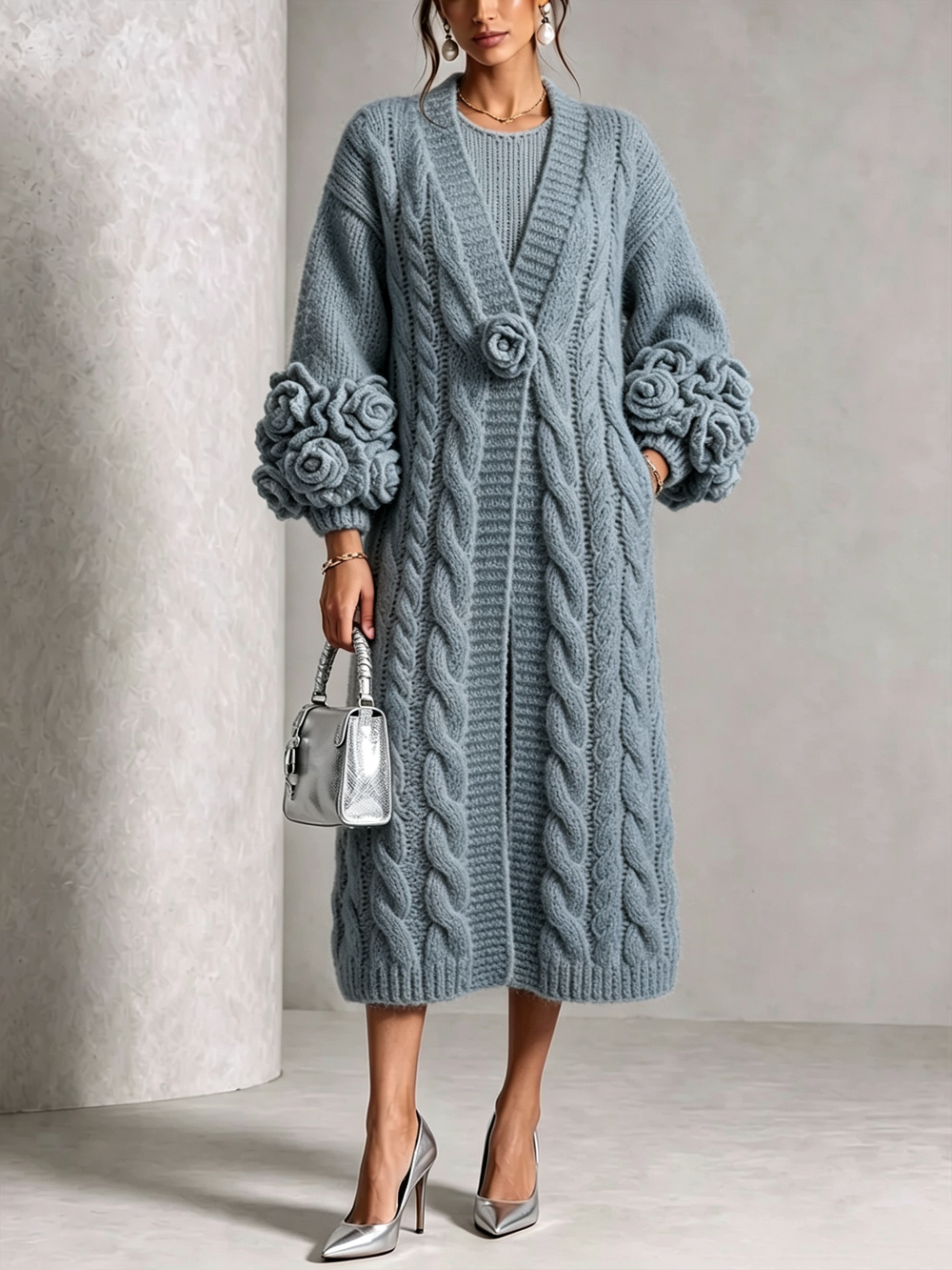 Floral-Sleeve Cable-Knit Long Cardigan