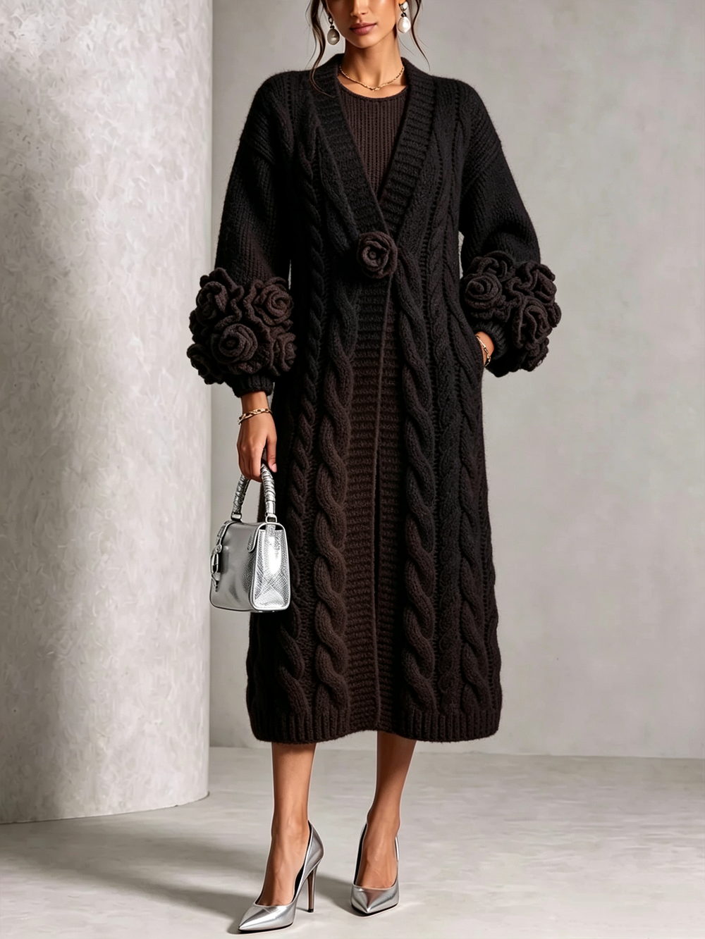 Floral-Sleeve Cable-Knit Long Cardigan