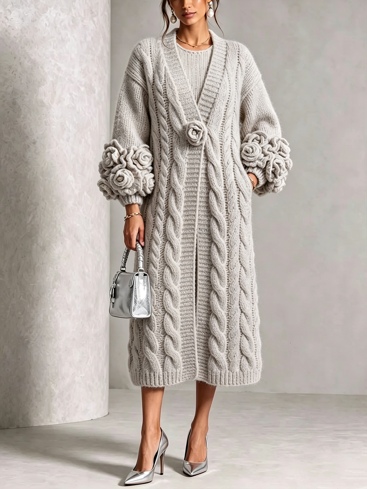 Floral-Sleeve Cable-Knit Long Cardigan