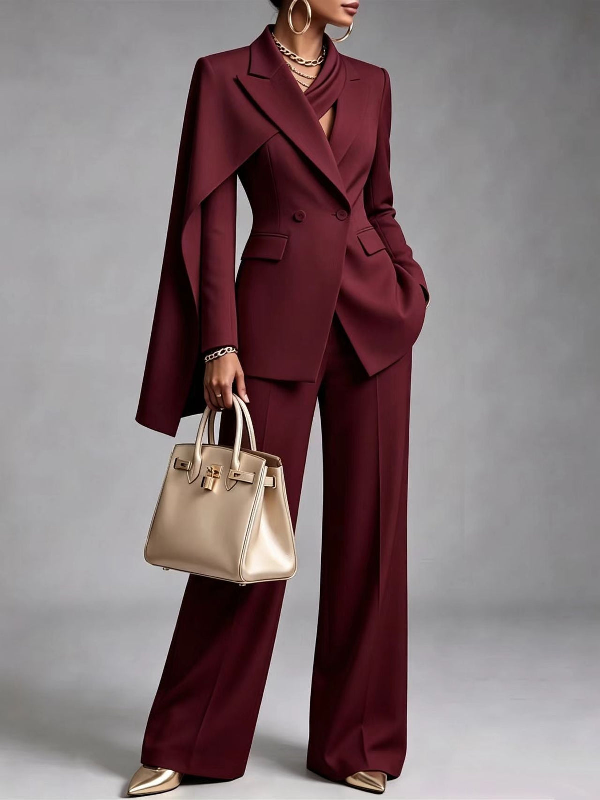 Cape-Sleeve Blazer and Wide-Leg Pants Suit Set