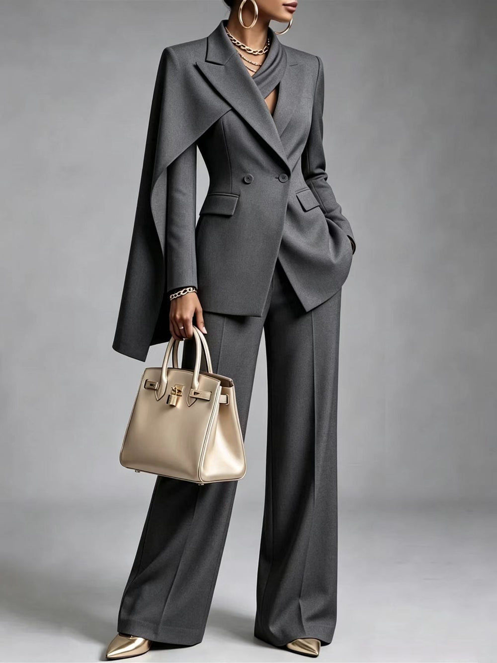 Cape-Sleeve Blazer and Wide-Leg Pants Suit Set