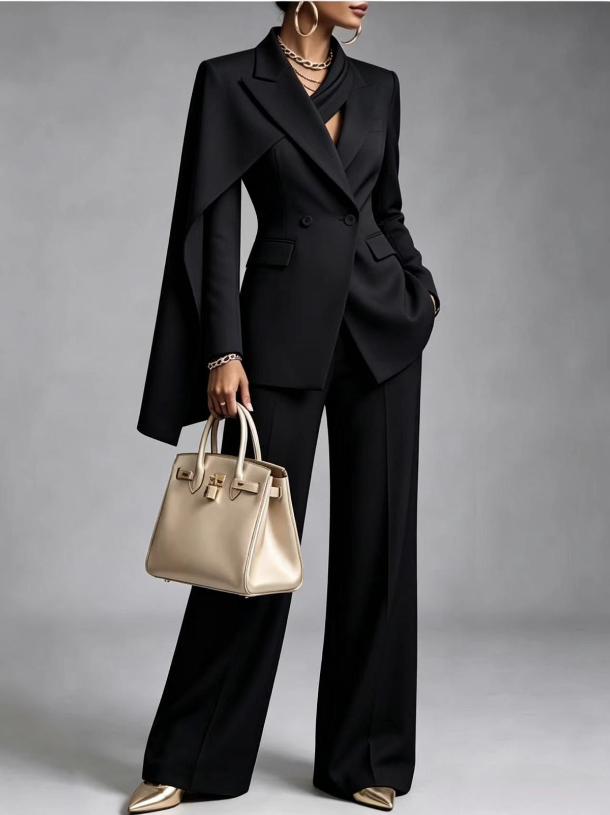 Cape-Sleeve Blazer and Wide-Leg Pants Suit Set