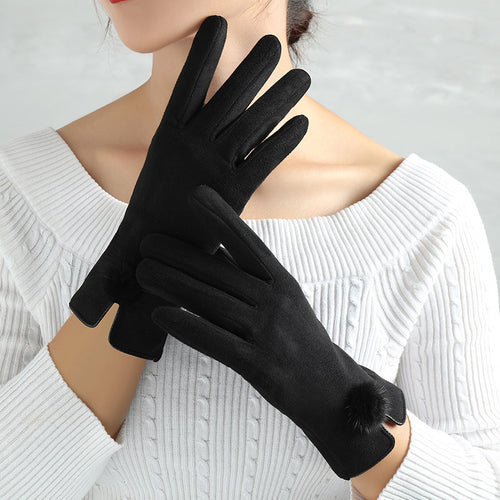Faux Suede Winter Gloves with Pom-Pom or Plush Cuff