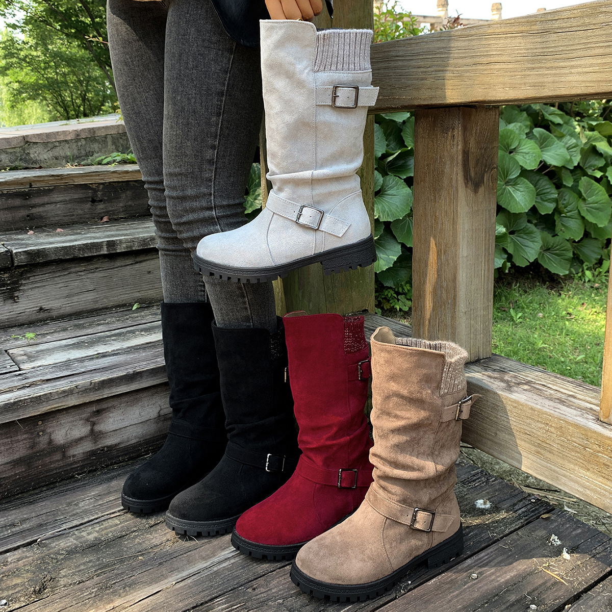 Slouchy Buckle Mid-Calf Boots with Knit Cuff