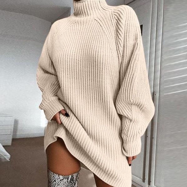 Oversized Turtleneck Ribbed Knit Sweater Dress
