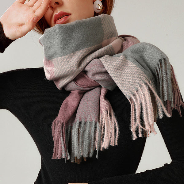 Color-Block Plaid Fringe Blanket Scarf