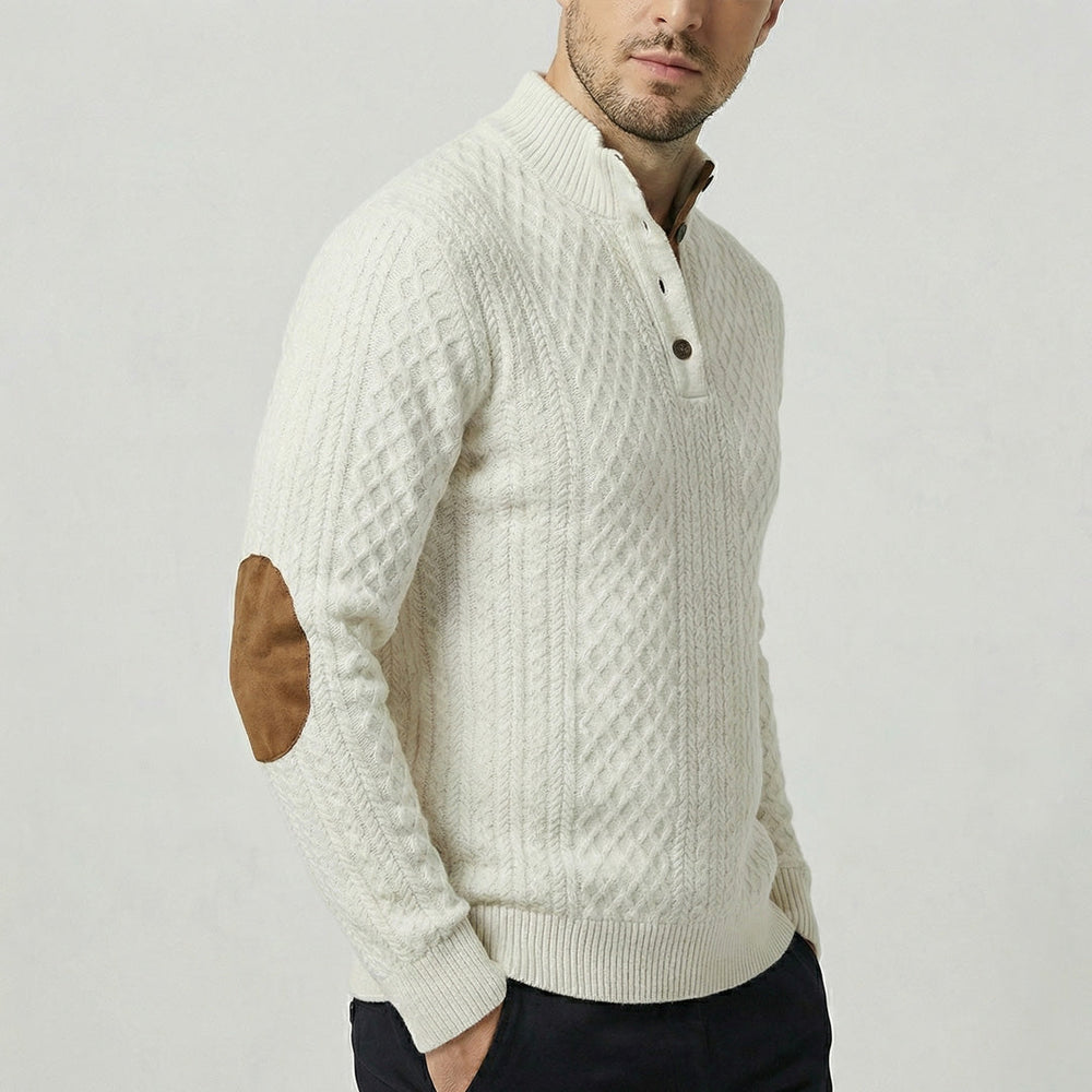 Men's Elbow-Patch Button Mock Neck Sweater