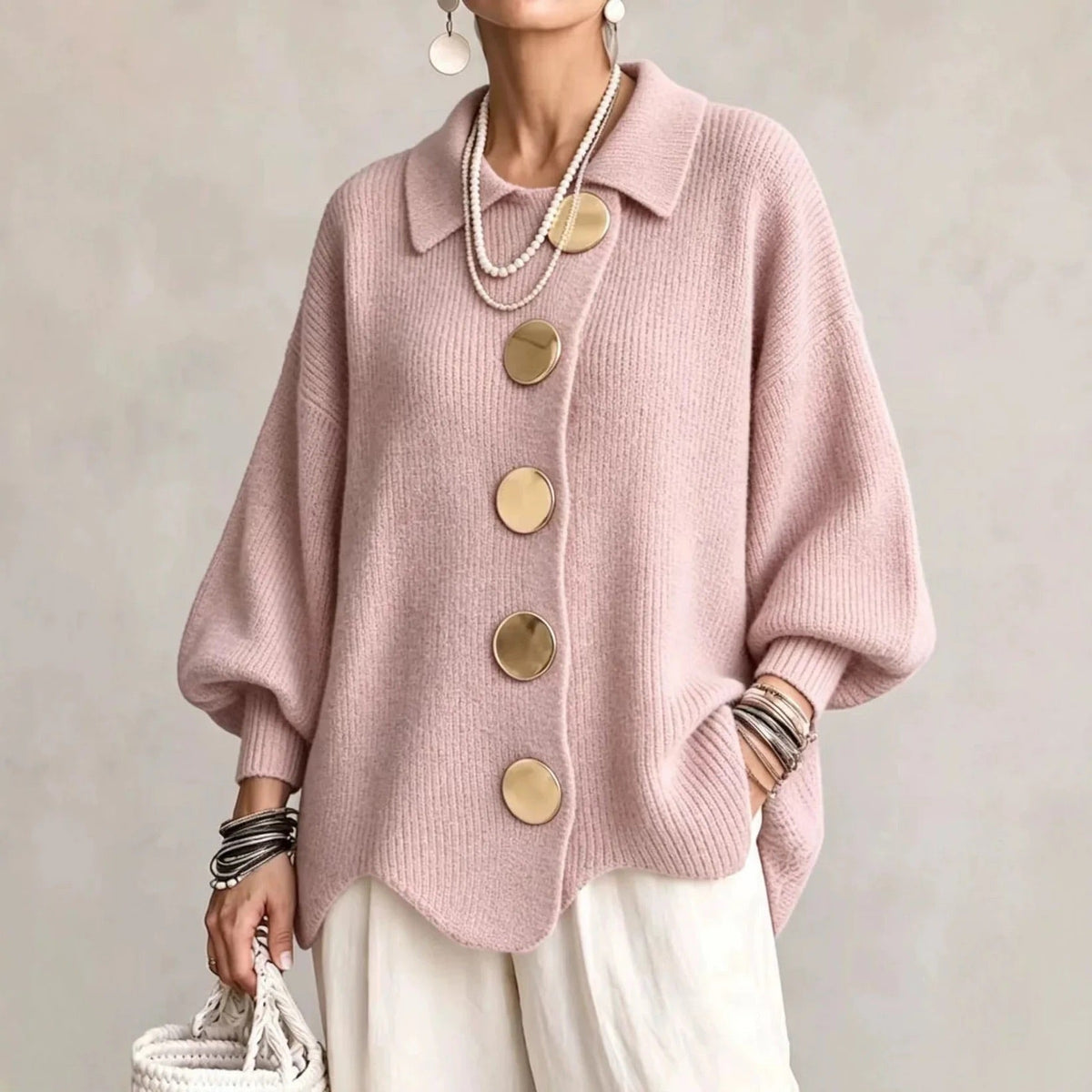 Oversized Collared Cardigan with Scalloped Hem
