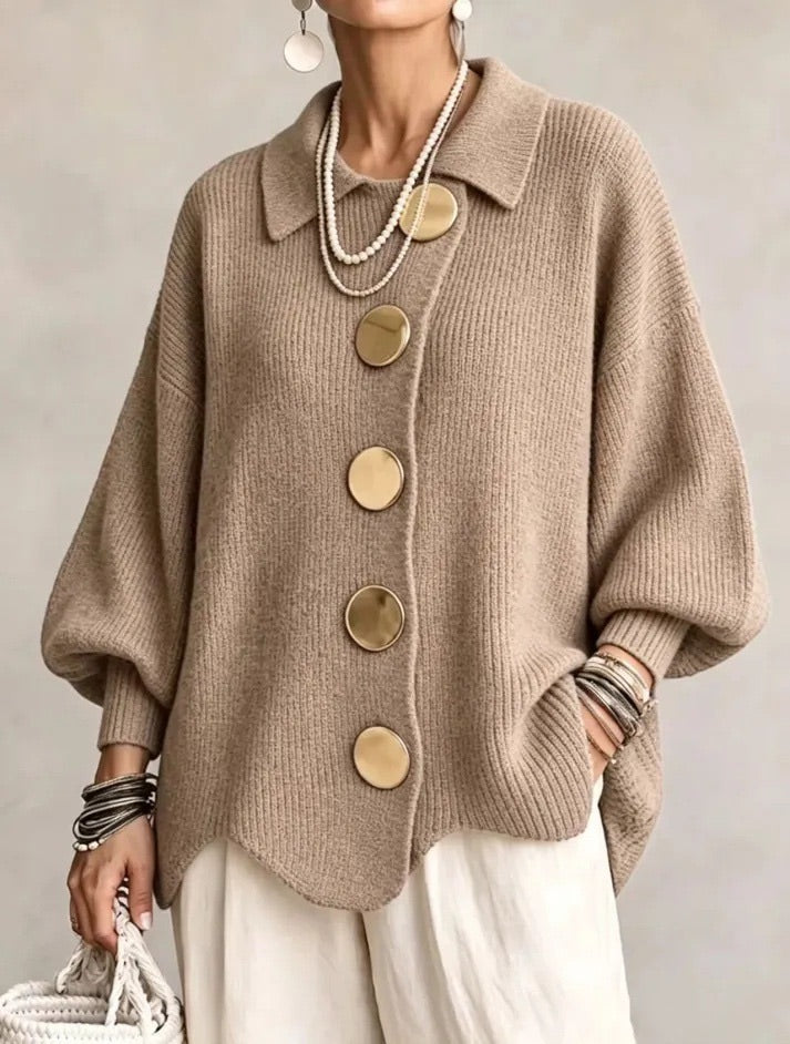 Oversized Collared Cardigan with Scalloped Hem