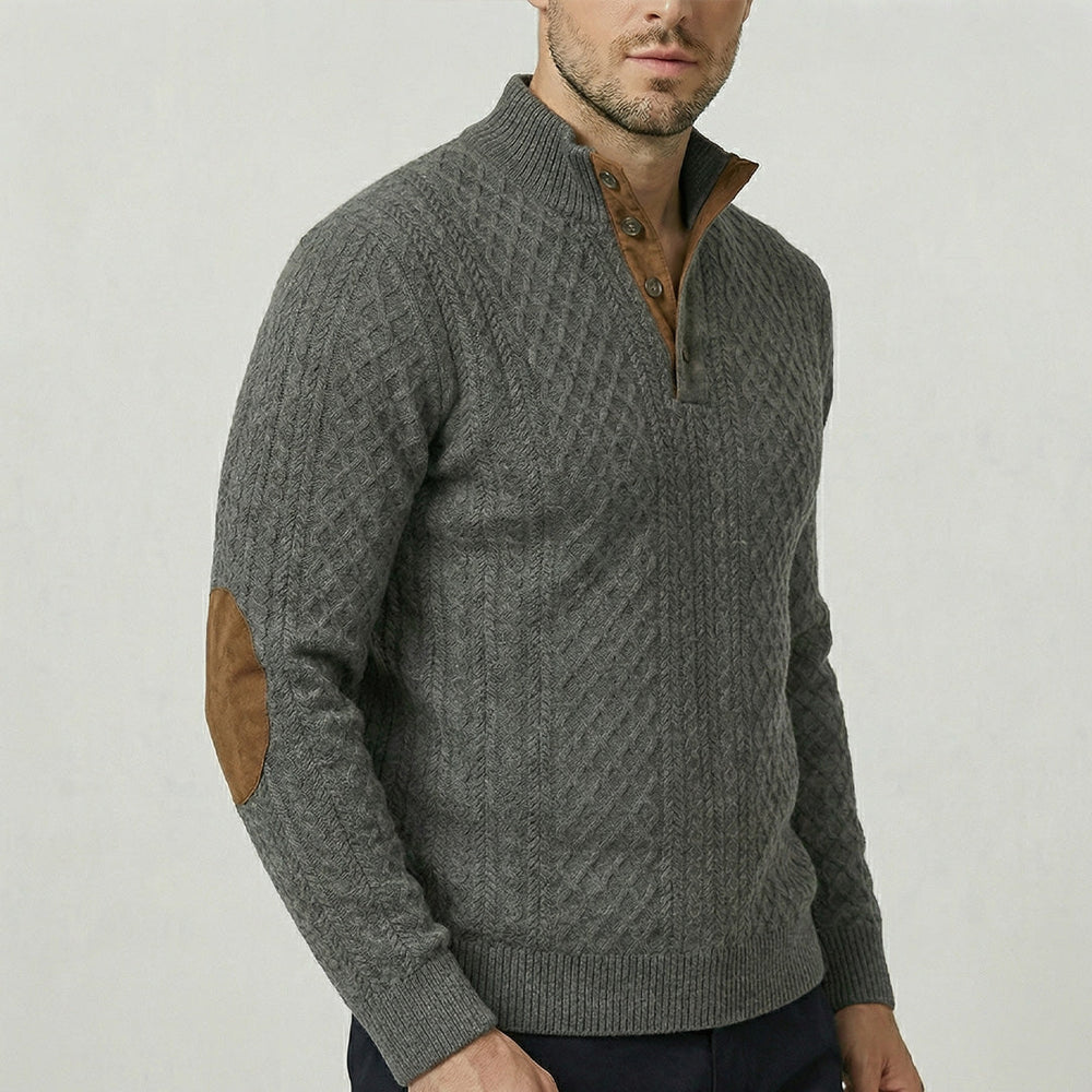 Men's Elbow-Patch Button Mock Neck Sweater