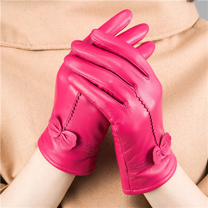 Bow-Trim Leather-Look Winter Gloves