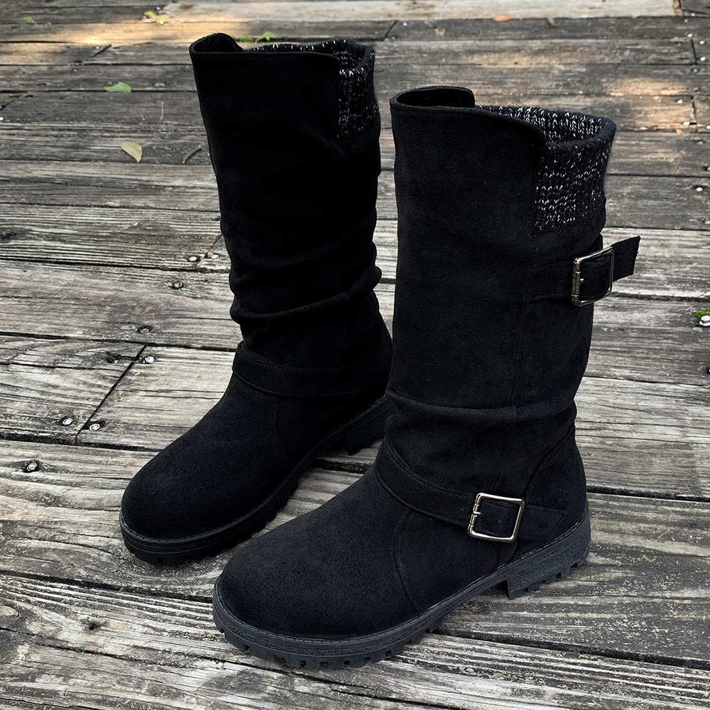 Slouchy Buckle Mid-Calf Boots with Knit Cuff