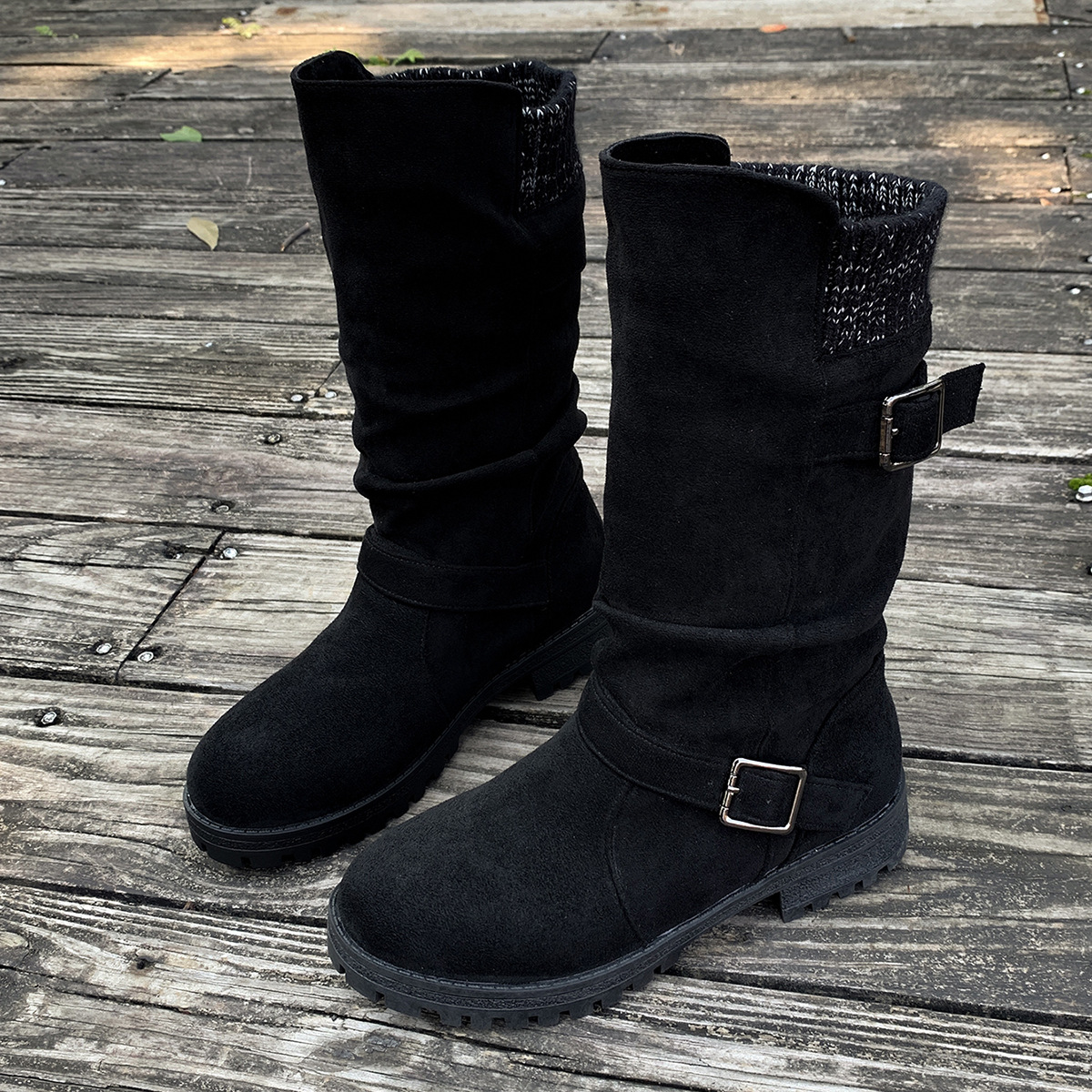 Slouchy Buckle Mid-Calf Boots with Knit Cuff