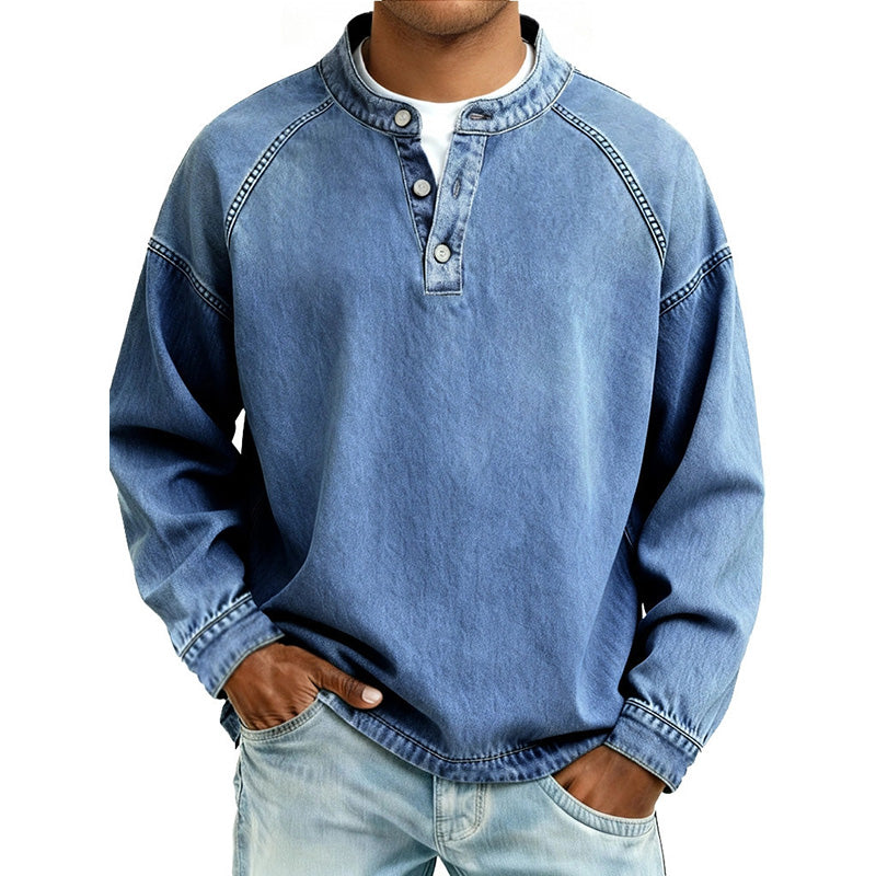 Men's Washed Denim-Look Raglan Henley