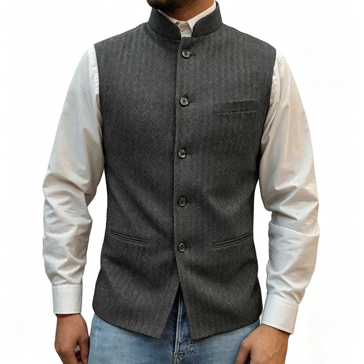 Men's Mandarin Collar Tweed-Style Vest