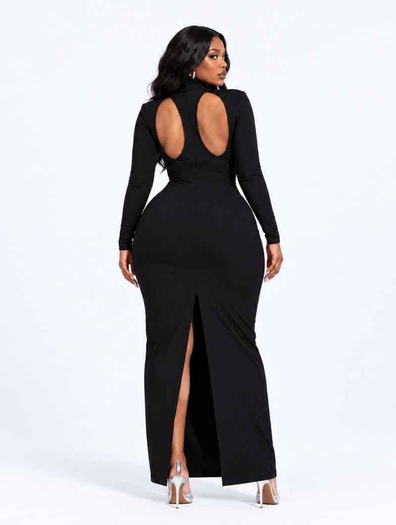 Cutout Mock Neck Long Sleeve Maxi Dress