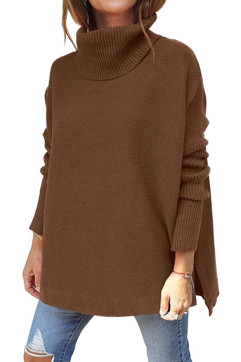 Oversized Turtleneck Split-Hem Tunic Sweater