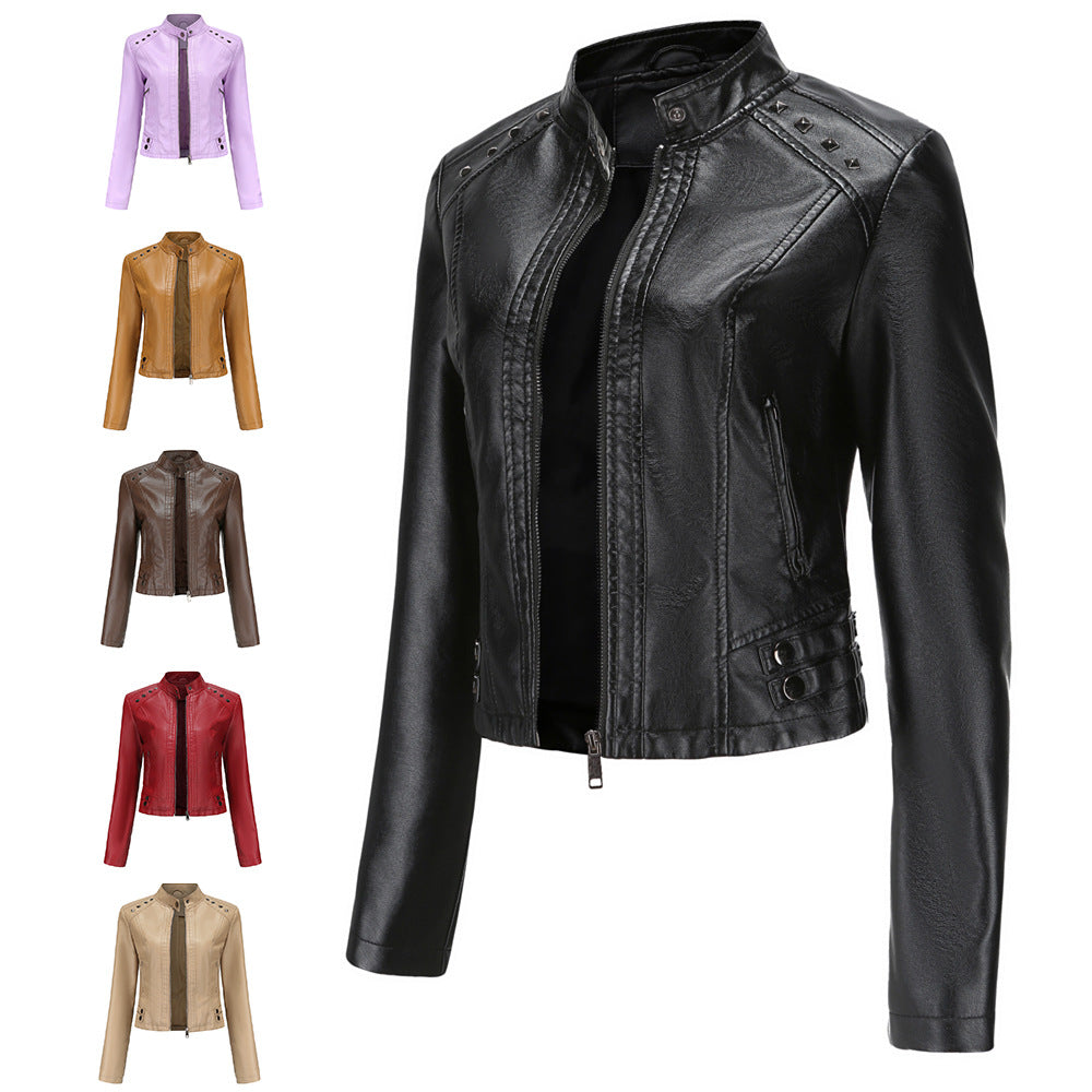 Stand-Collar Studded Faux Leather Moto Jacket