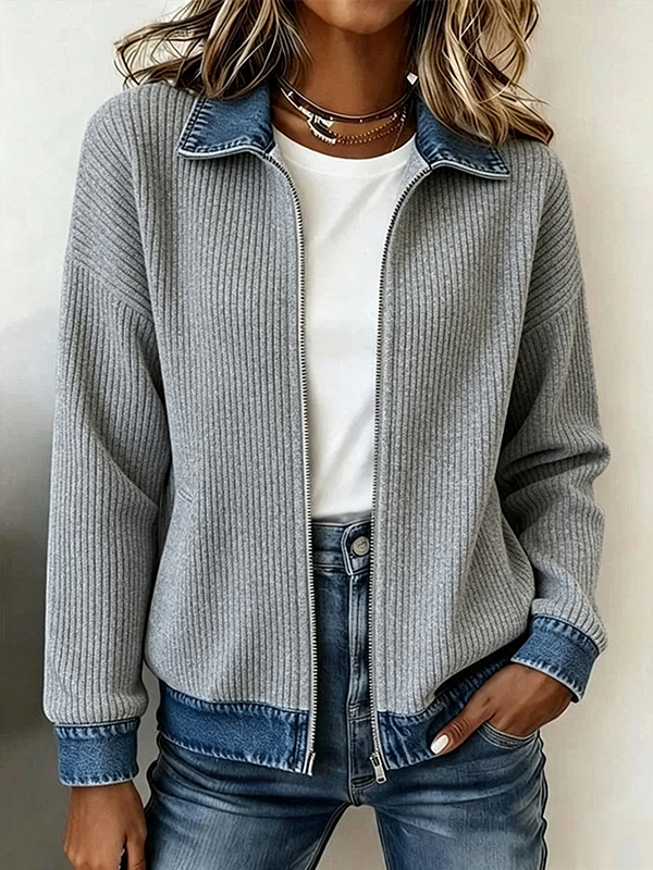 Ribbed Knit Zip Jacket with Denim Trim