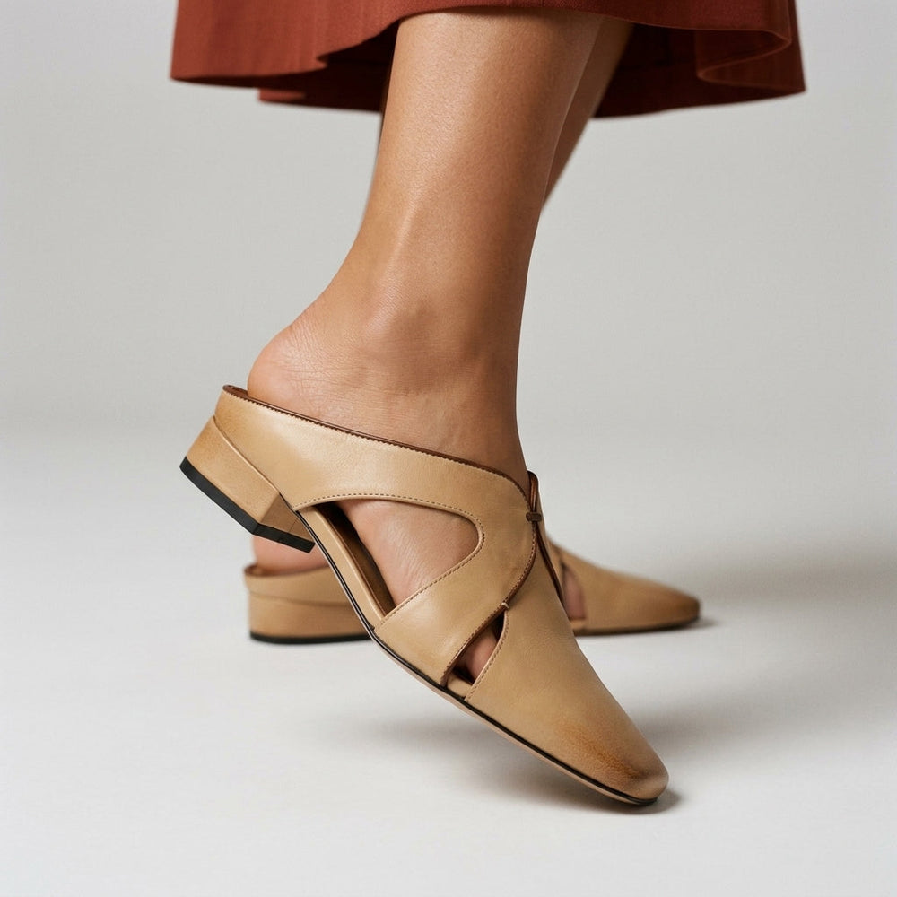 Crossover Cutout Square-Toe Block Heel Mules
