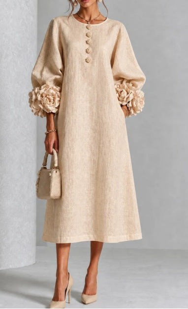 Textured Midi Dress with Rosette Cuffs