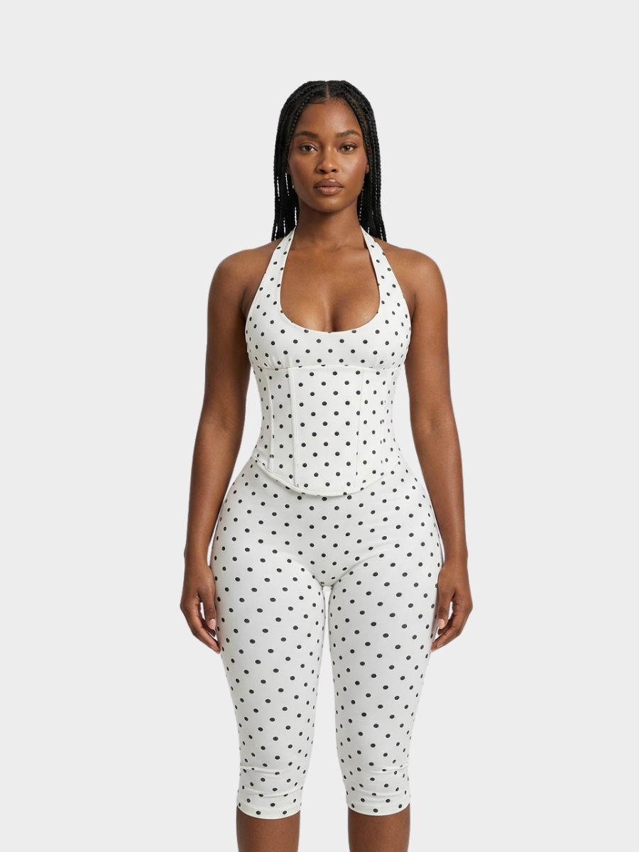 Polka Dot Halter Capri Jumpsuit with Corset Belt