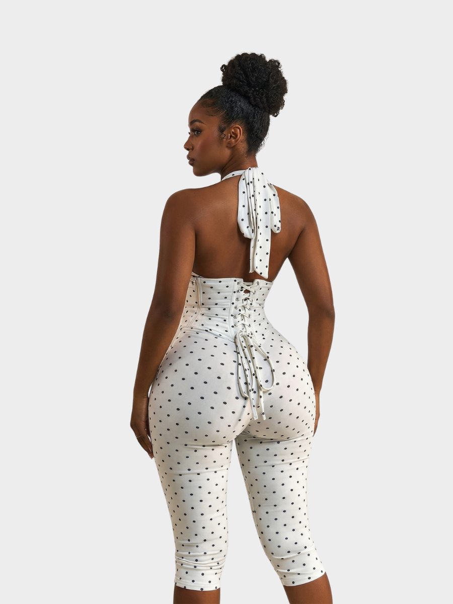 Polka Dot Halter Capri Jumpsuit with Corset Belt