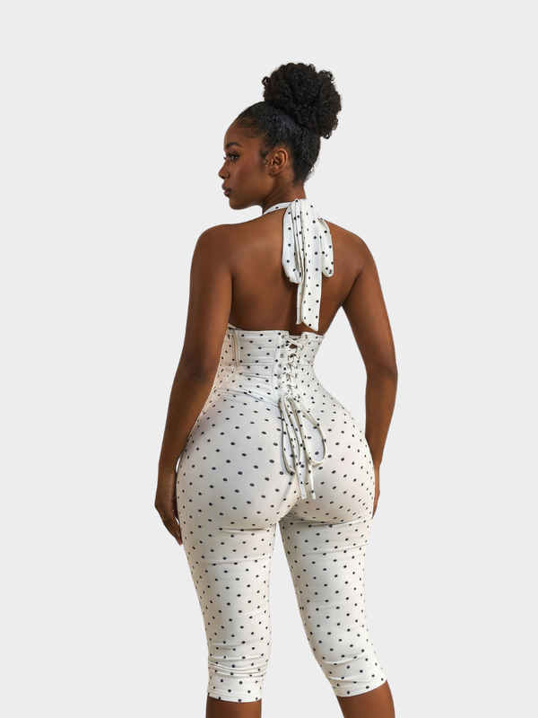 Polka Dot Halter Capri Jumpsuit with Corset Belt