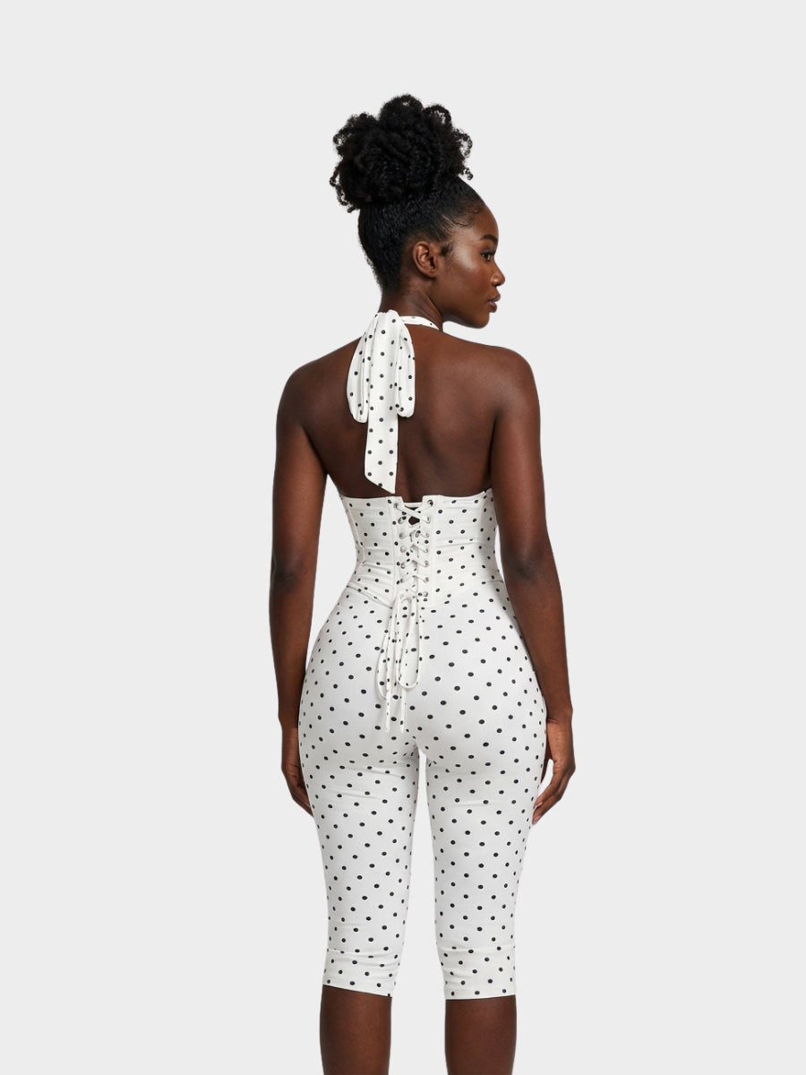 Polka Dot Halter Capri Jumpsuit with Corset Belt