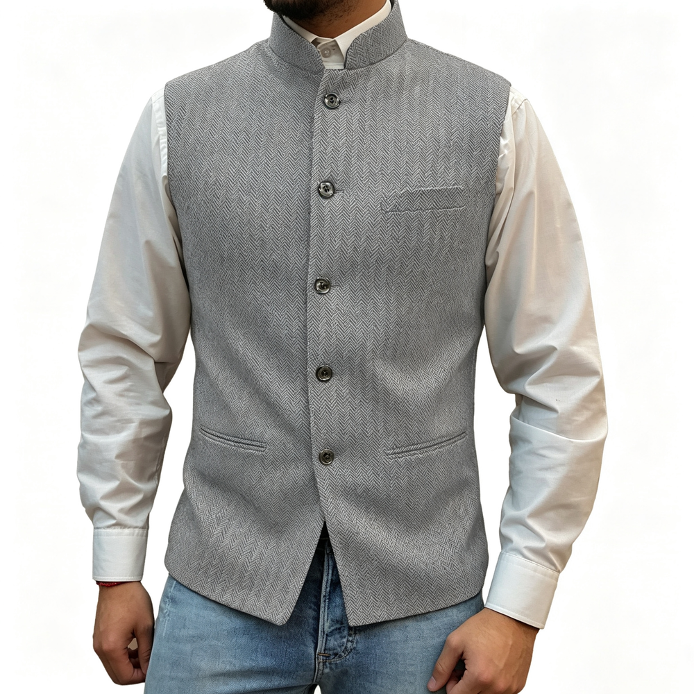 Men's Mandarin Collar Tweed-Style Vest