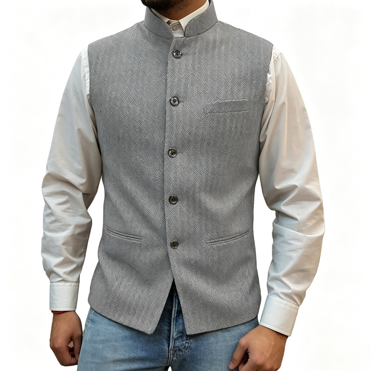 Men's Mandarin Collar Tweed-Style Vest