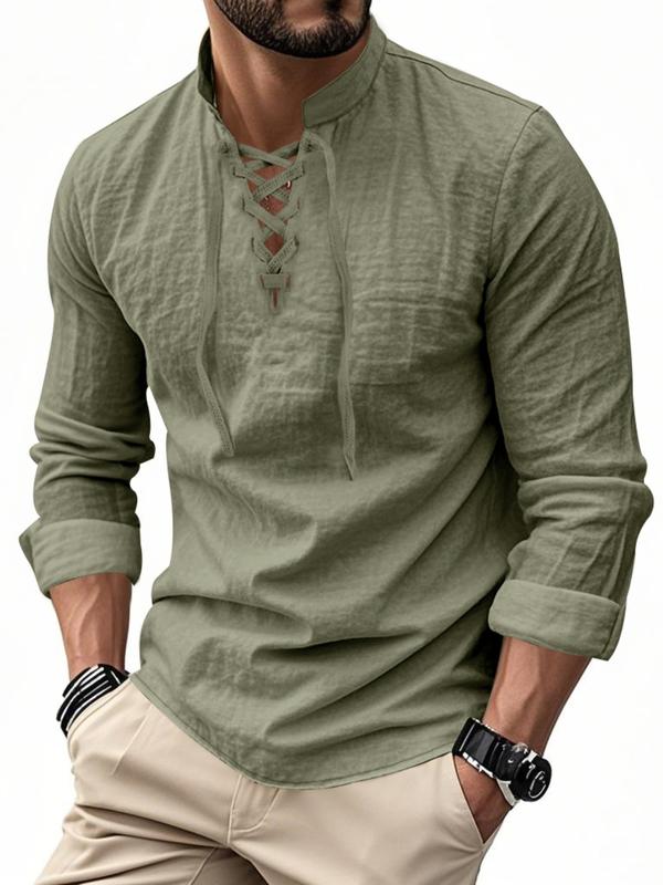 Men's Lace-Up Textured Long Sleeve Shirt