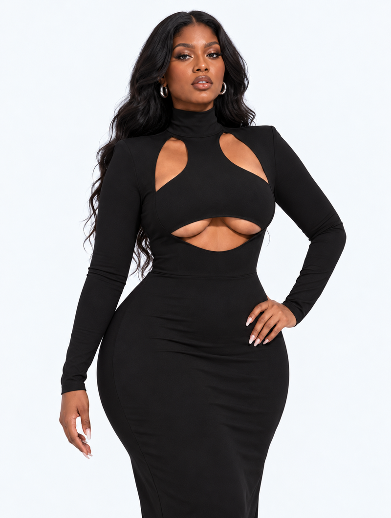 Cutout Mock Neck Long Sleeve Maxi Dress