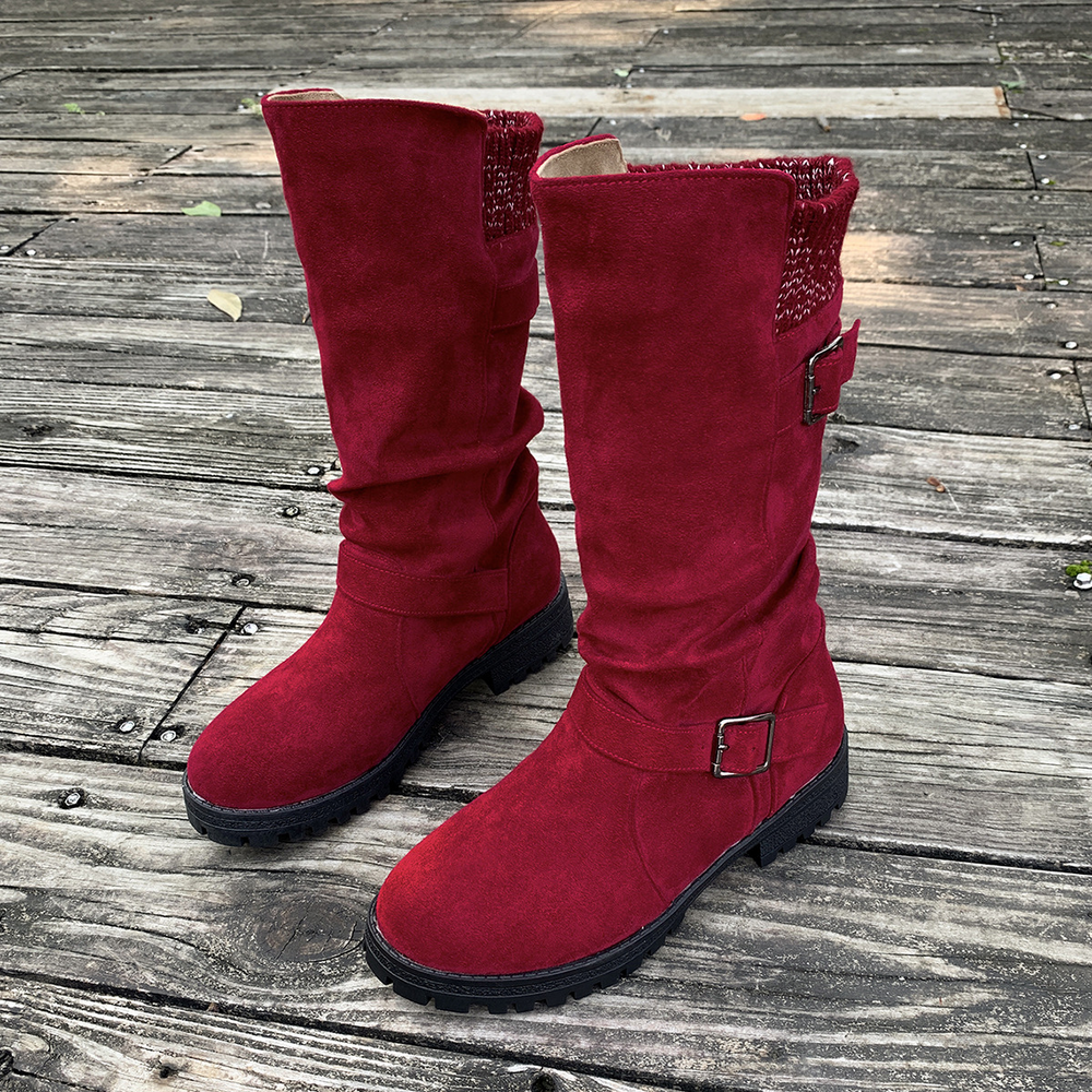 Slouchy Buckle Mid-Calf Boots with Knit Cuff