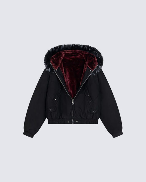 Faux Fur Hood Plush-Lined Cropped Bomber