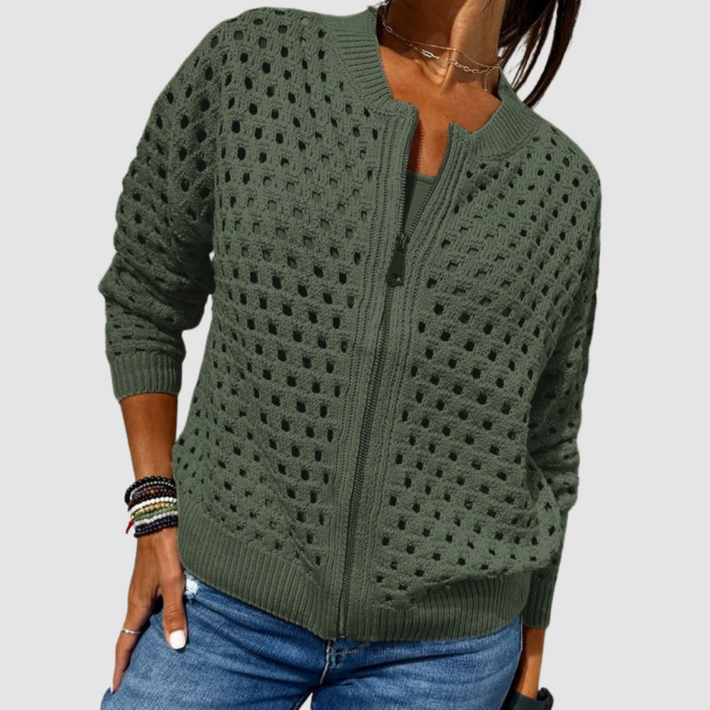 Open-Knit Zip-Up Cardigan Jacket