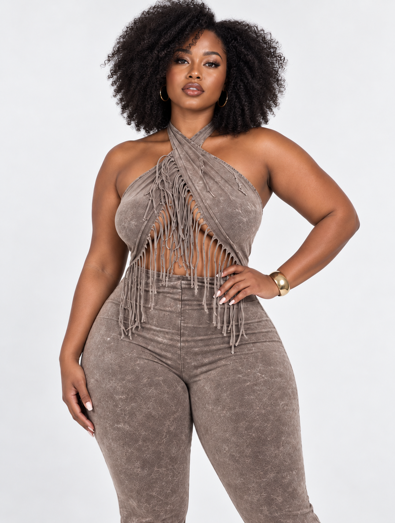 Fringe Halter Flare Jumpsuit