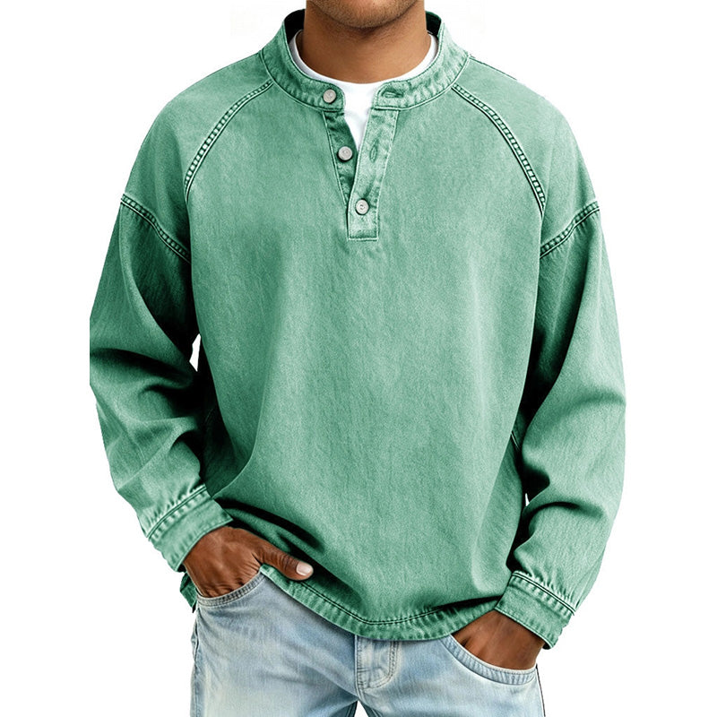 Men's Washed Denim-Look Raglan Henley