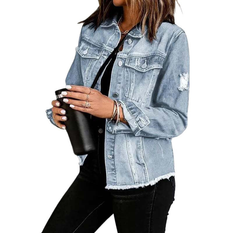 Frayed-Hem Distressed Denim Jacket