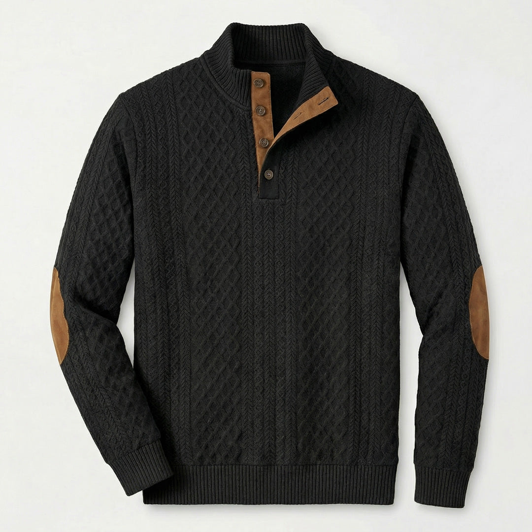 Men's Elbow-Patch Button Mock Neck Sweater
