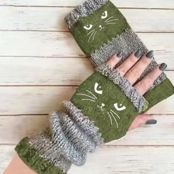 Embroidered Cat Fingerless Knit Gloves