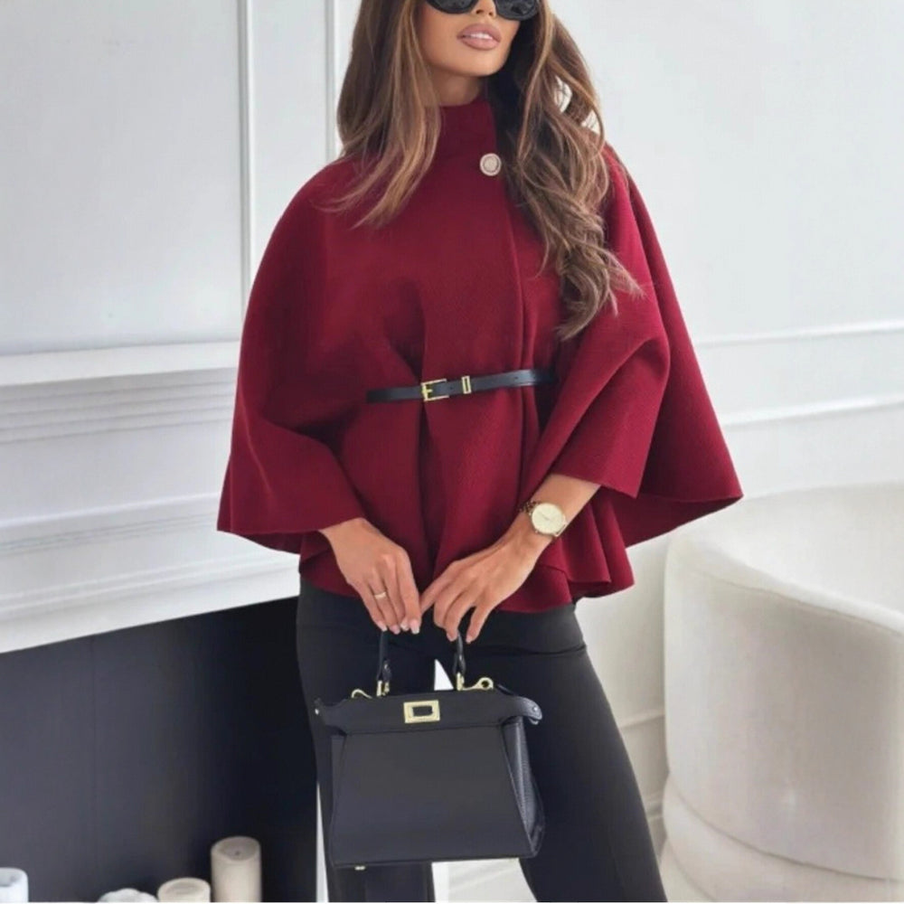Belted Stand-Collar Batwing Cape Jacket