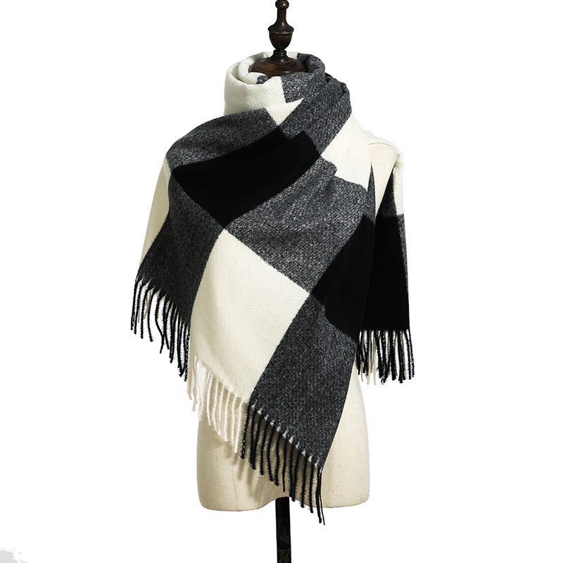 Color-Block Plaid Fringe Blanket Scarf