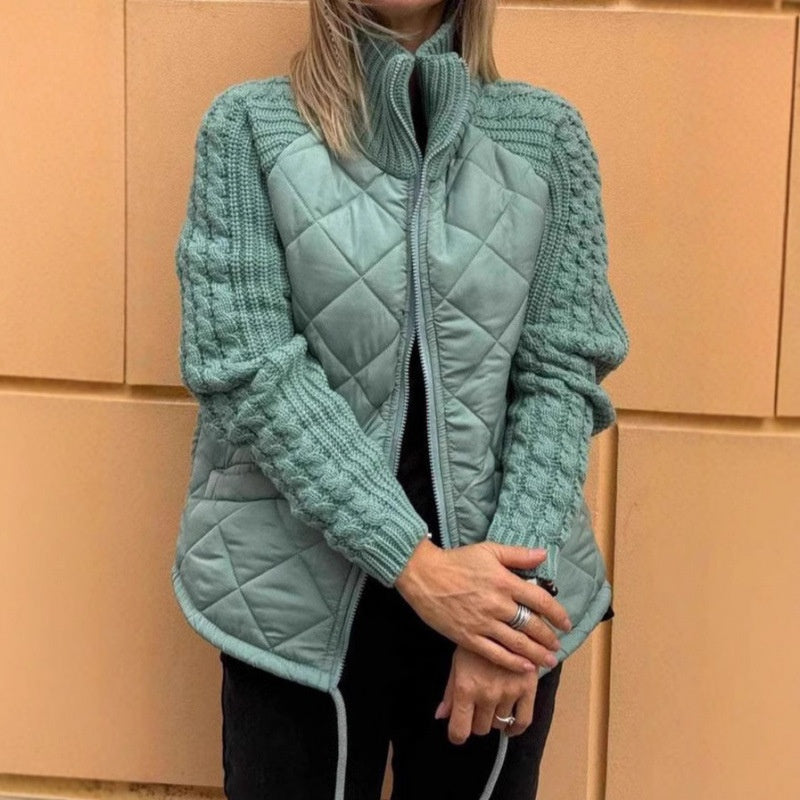 Quilted Zip Jacket with Cable-Knit Sleeves