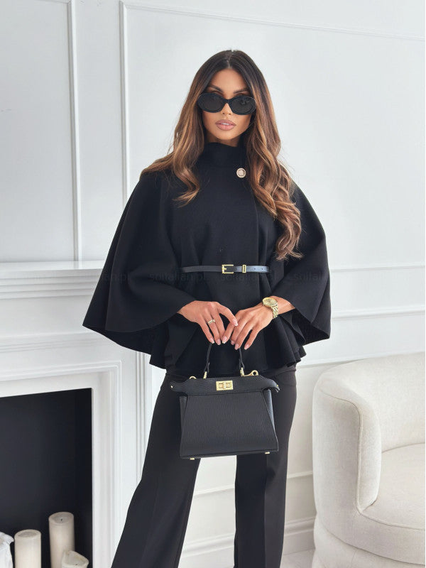 Belted Stand-Collar Batwing Cape Jacket