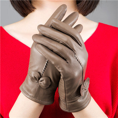 Bow-Trim Leather-Look Winter Gloves