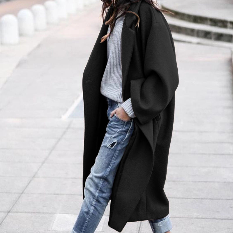 Long Wool-Look Lapel Coat with Pockets
