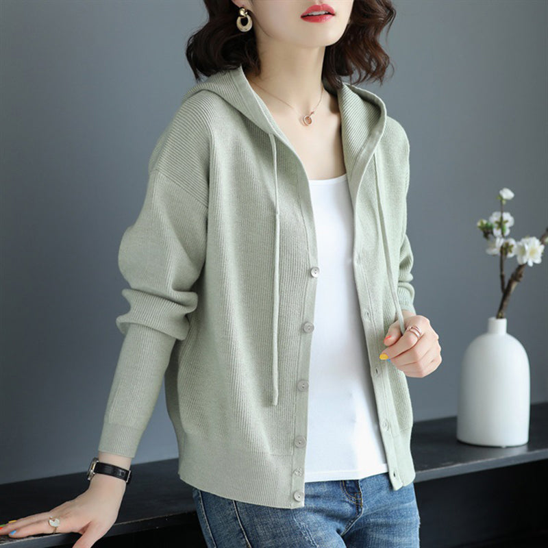Hooded Button-Front Knit Cardigan