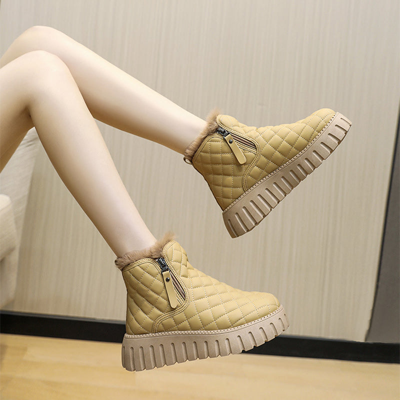 Quilted Plush-Lined Side-Zip Platform Ankle Boots